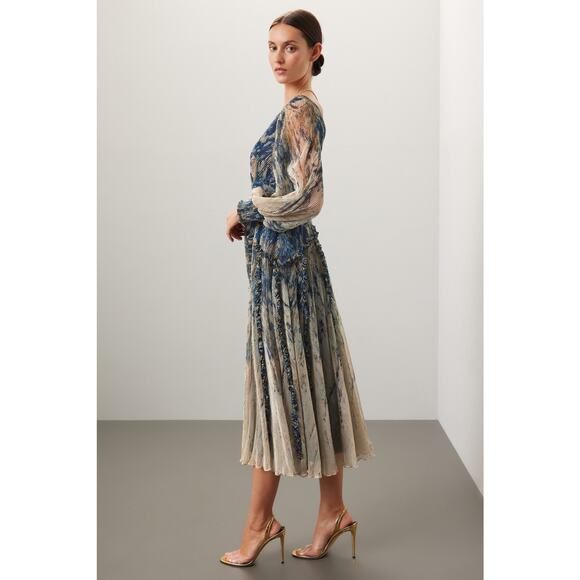 RENE RUIZ COLLECTION Blue Gold Swirled Floral Flowing Tiered Boho Maxi Dress 12 - Picture 3 of 16